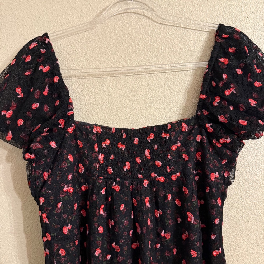 Free People Black Mini Dress with Pink Floral Print Whimsy Goth - Picture 9 of 12